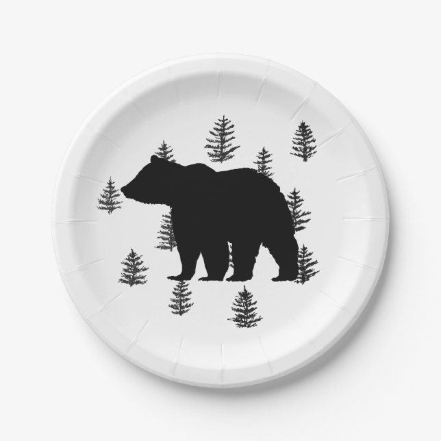 Bear Silhouette Trees Wilderness Mountain Paper Plate (Front)