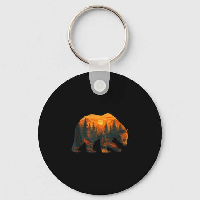 Bear silhouette with forest landscape and sunset keychain (Front)