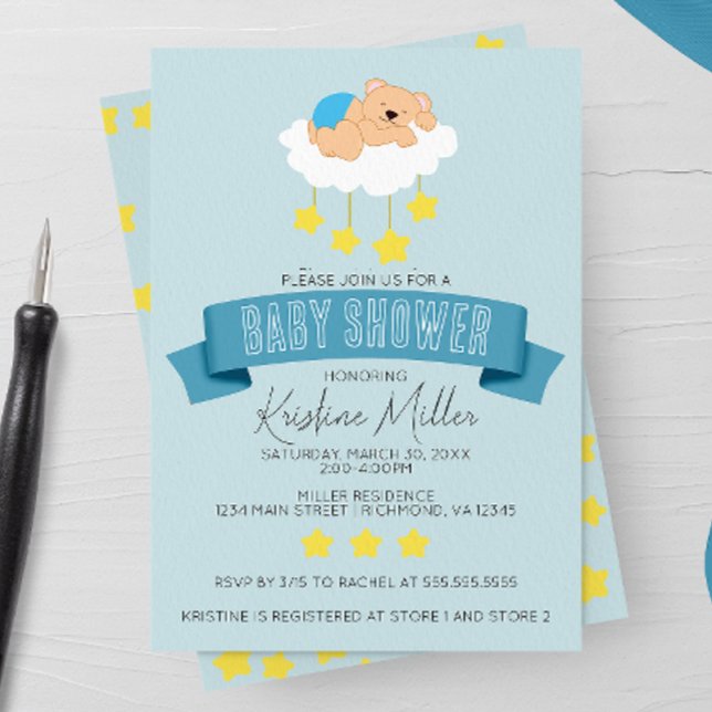 Bear Sleeping on Clouds Baby Shower Invitation (Creator Uploaded)