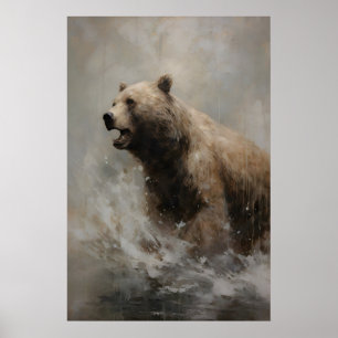 Bear Splashing In Water Moody Wildlife Art Poster
