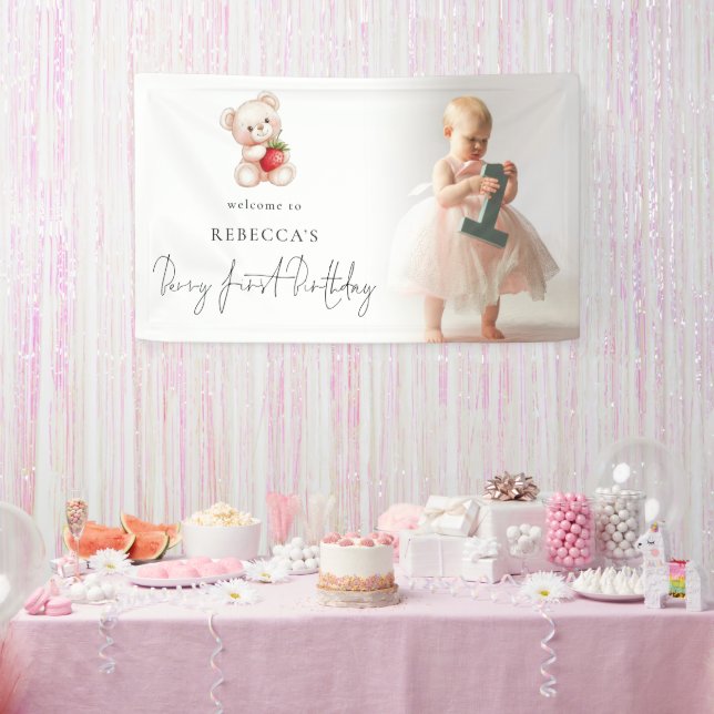 Bear Strawberry Photo Welcome Berry First Birthday Banner (Party)