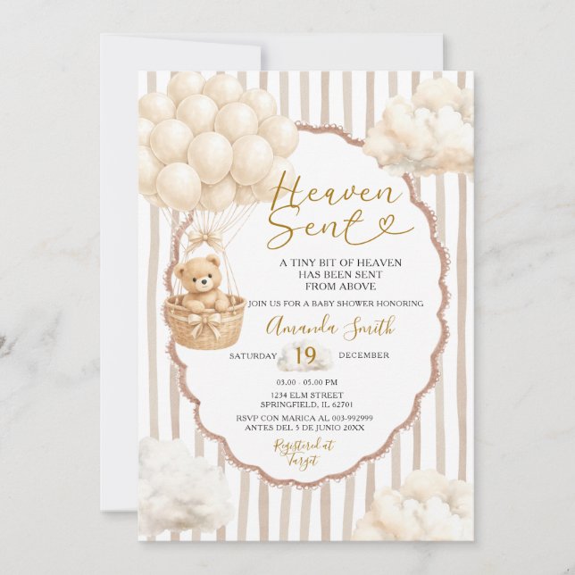 Bear Stripe Beige Balloon Heaven Sent Baby Shower  Invitation (Front)