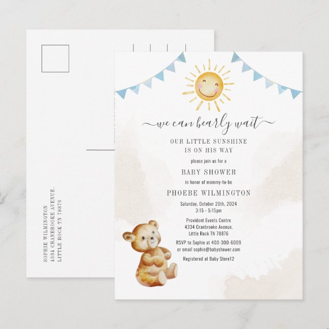 Bear Sunshine Watercolor Boy Baby Shower Invitation Postcard (Front/Back)