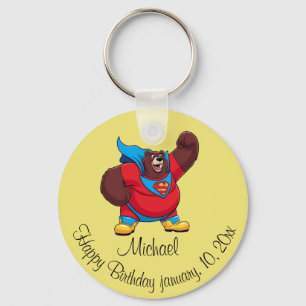 BEAR SUPERHERO BIRTHDAY YELLOW KEYCHAIN