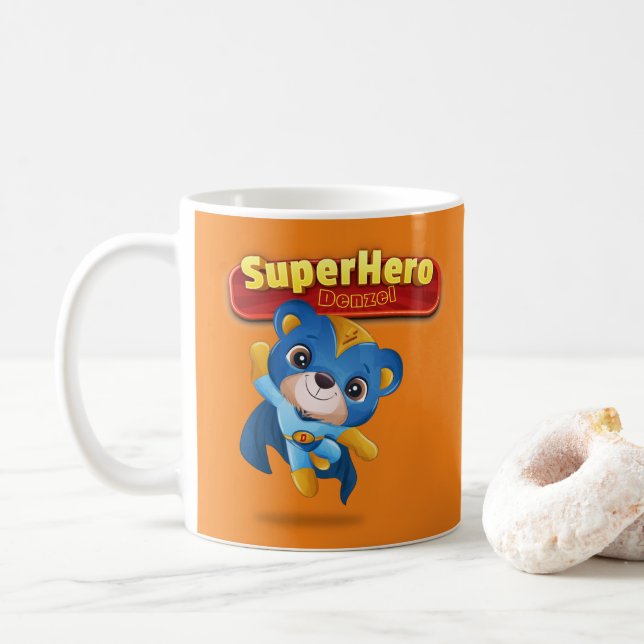 🦸‍♂️Bear SuperHero Custom Name,Initial        Coffee Mug (With Donut)