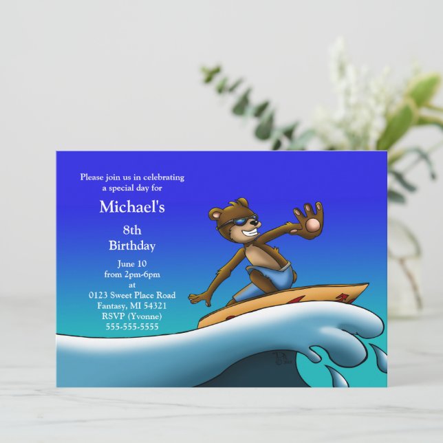 Bear Surfer Birthday Party  Invitation (Standing Front)