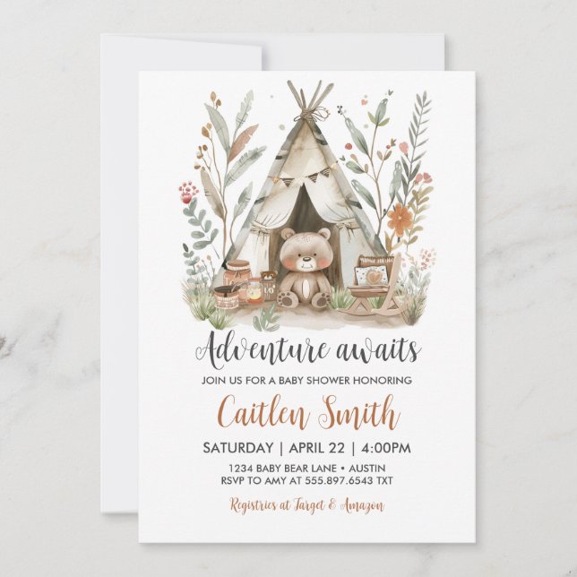 Bear Teepee Baby Shower Adventure Awaits Invite (Front)