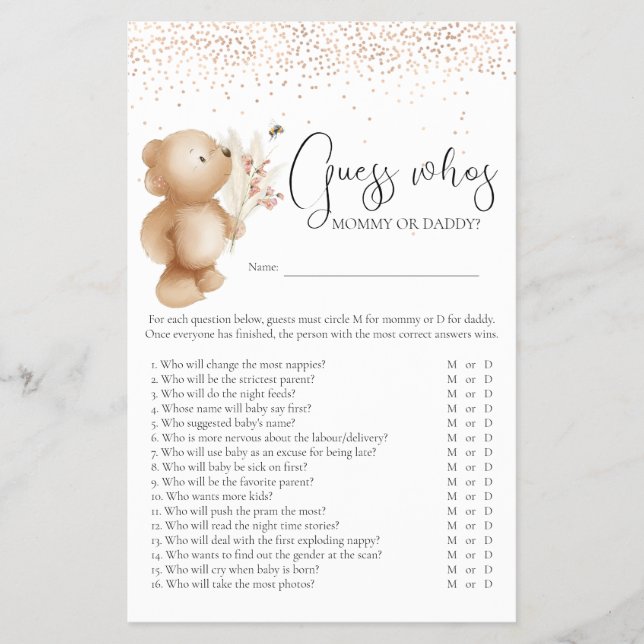 Bear & The Bee 'Guess Who' Baby Shower Game Flyer (Front)