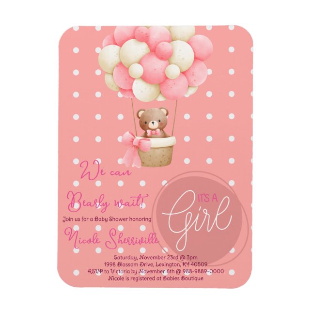 Bear Theme Pink Peach Hot Air Balloon Baby Shower Magnet (Vertical)