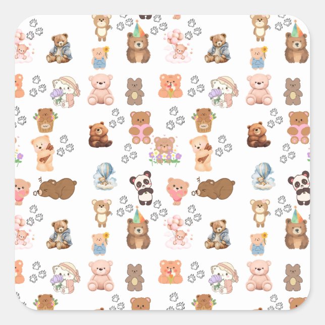 Bear-Themed Seamless Pattern Square Stickers | Fu (Front)