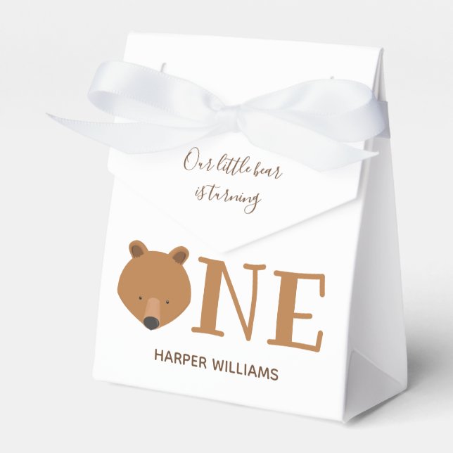 Bear Turning One Animal First Birthday Favor Box (Front Side)