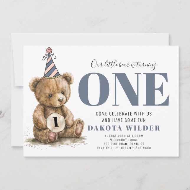 Bear Turning One Birthday  Invitation (Front)
