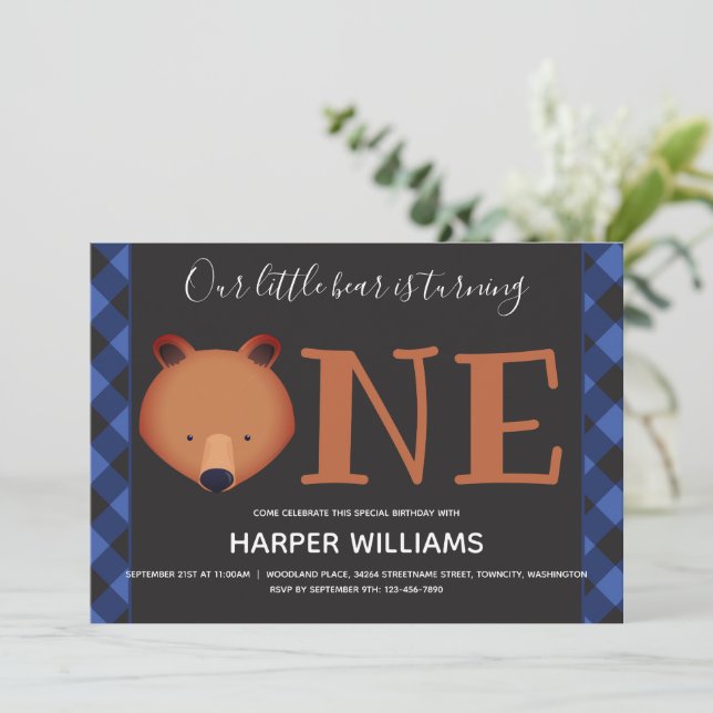 Bear Turning One Blue Buffalo Plaid First Birthday Invitation (Standing Front)