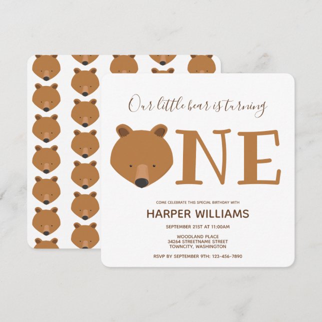 Bear Turning One Cute Animal 1st Birthday Invitation (Front/Back)
