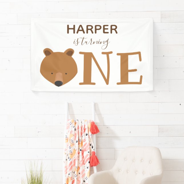 Bear Turning One Cute Animal First Birthday Banner (Insitu)