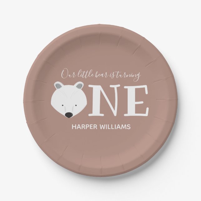 Bear Turning One Cute Animal First Birthday Paper Plate (Front)