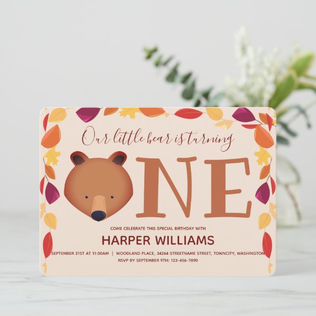 Bear Turning One Fall Animal First Birthday Invitation (Standing Front)