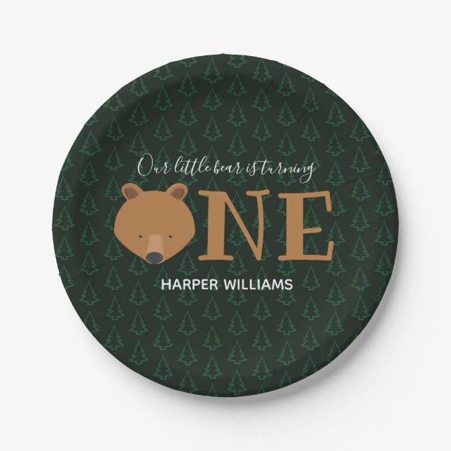 Bear Turning One Pine Animal First Birthday Paper Plate (Front)