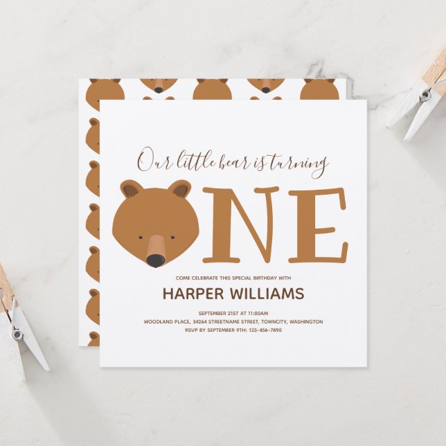 Bear Turning One Silver Animal First Birthday Invitation (Front/Back In Situ)