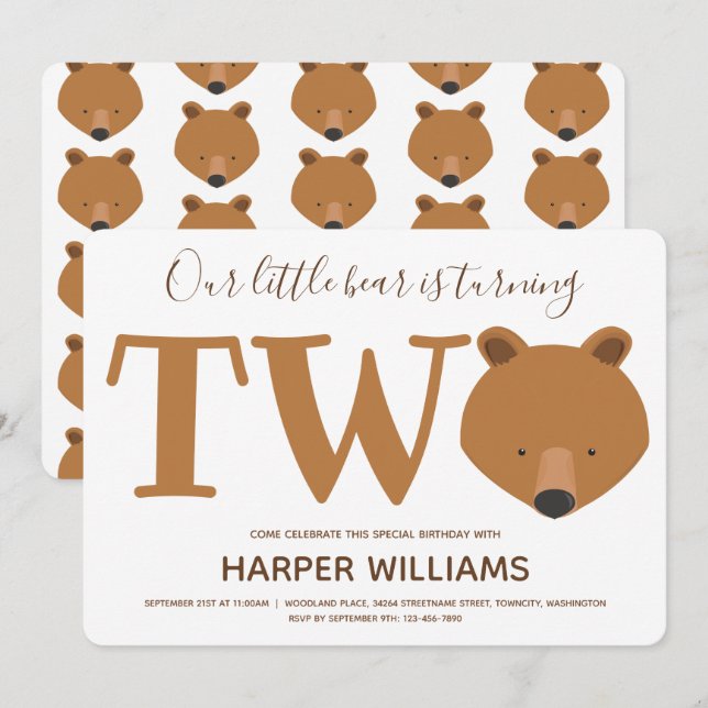 Bear Turning Two Animal Second Birthday Invitation (Front/Back)