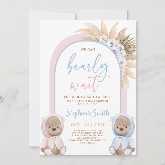 Bear Twins Boy and Girl Baby shower Invitation (Devant)