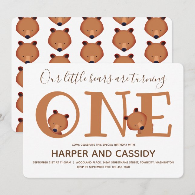 Bear Twins One Cute Animal First Birthday Invitation (Front/Back)