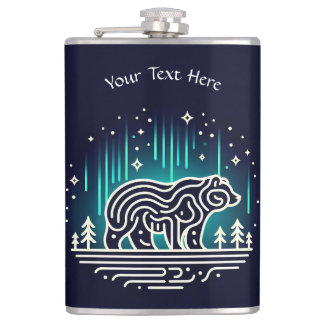 Bear Under Aurora Lights Hip Flask