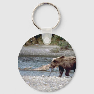 Bear W/ Fish In Mouth By Stream Keychain