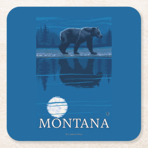 Bear Walking in Moonlight Vintage Travel Square Paper Coaster