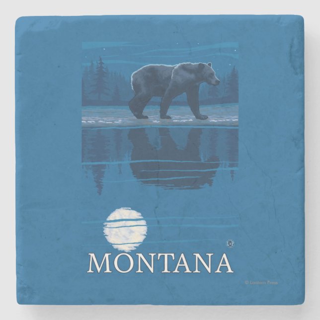 Bear Walking in Moonlight Vintage Travel Stone Coaster (Front)