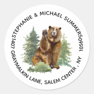 Bear Watercolor Forest Trees Round Return Address Classic Round Sticker