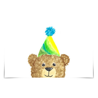 Bear Wearing Cute Birthday Hat Watercolour Card