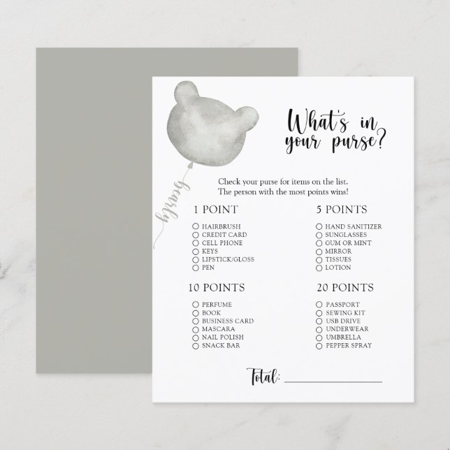 Bear Whats in your purse baby shower game (Front/Back)