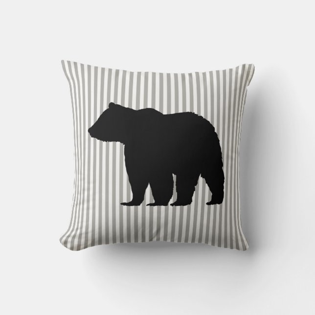 Bear Wilderness Grey and White Stripe Throw Pillow (Front)