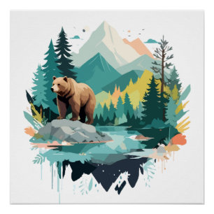 Bear Wildlife Animal Nature Outdoors Watercolor  Poster