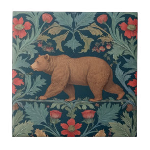 Bear William Morris style Left Facing Red Floral Tile
