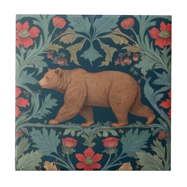Bear William Morris style Left Facing Red Floral Tile (Front)