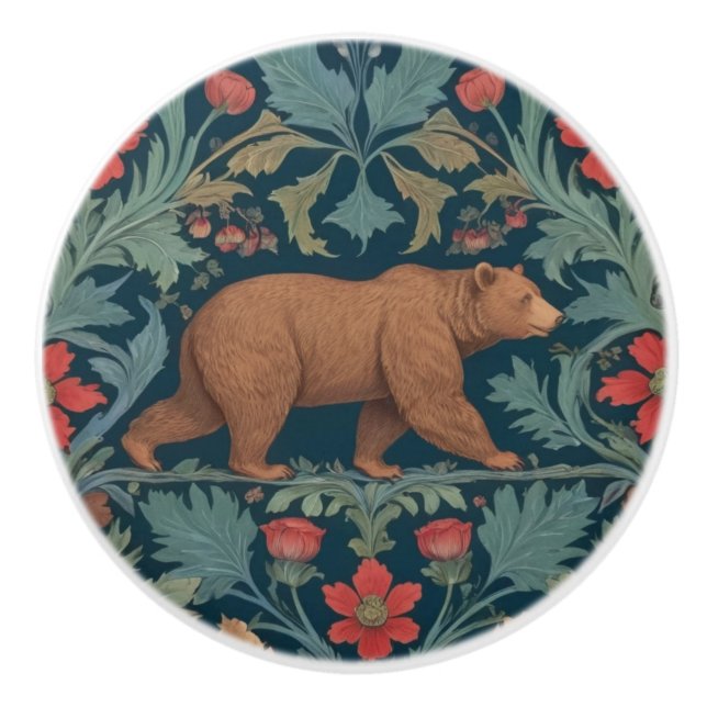 Bear William Morris style Right Facing Red Floral Ceramic Knob (Front)