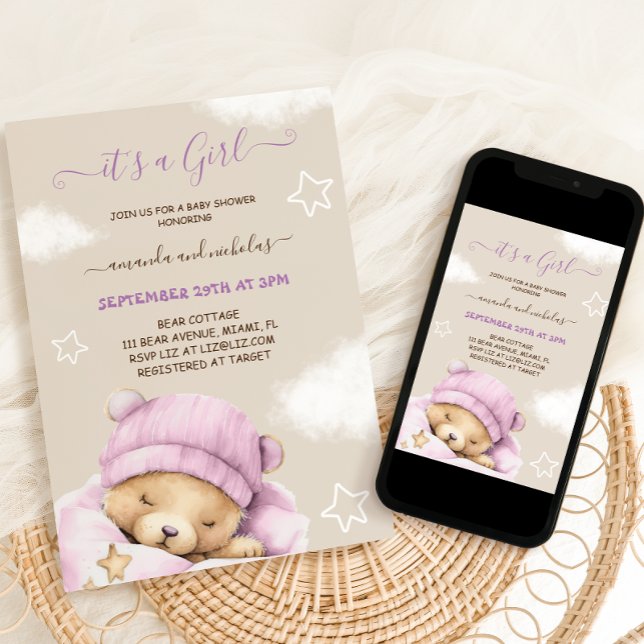 Bear Winter Baby Girl Shower Invitation (Creator Uploaded)