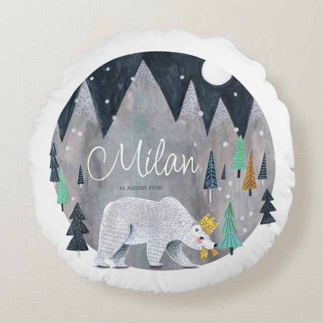 Bear winter mountains moon  poster round pillow (Front)