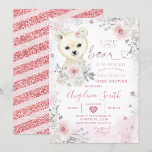 Bear Winter Pastel Pink Snowflake Baby Shower  Invitation