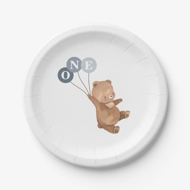 Bear with 3 Blue Balloons 1st Birthday Paper Plate (Front)