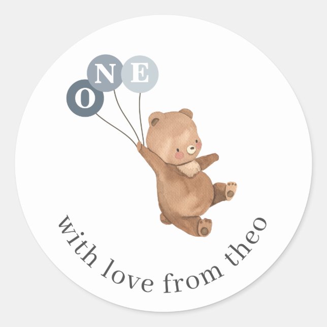 Bear with 3 Blue Balloons Classic Round Sticker (Front)