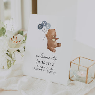 Bear with 3 Blue Balloons Welcome Sign