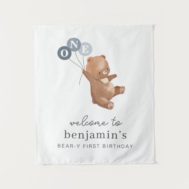 Bear with 3 Blue Balloons Welcome Sign Tapestry (Front)