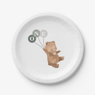 Bear with 3 Green Balloons 1st Birthday Paper Plate