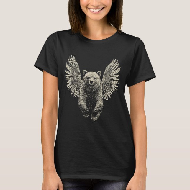 Bear With Angel Wings Retro Wildlife Artwork Flyin T-Shirt (Front)