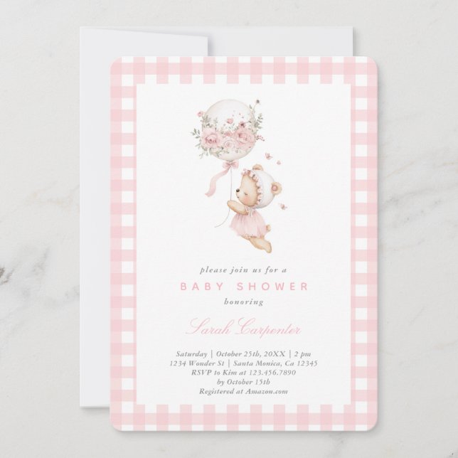 Bear with Balloon Baby Shower Girl Invitation (Front)