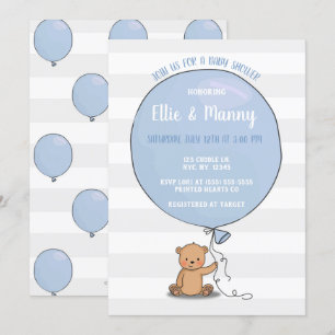 Bear with Balloon Baby Shower Invitation Blue