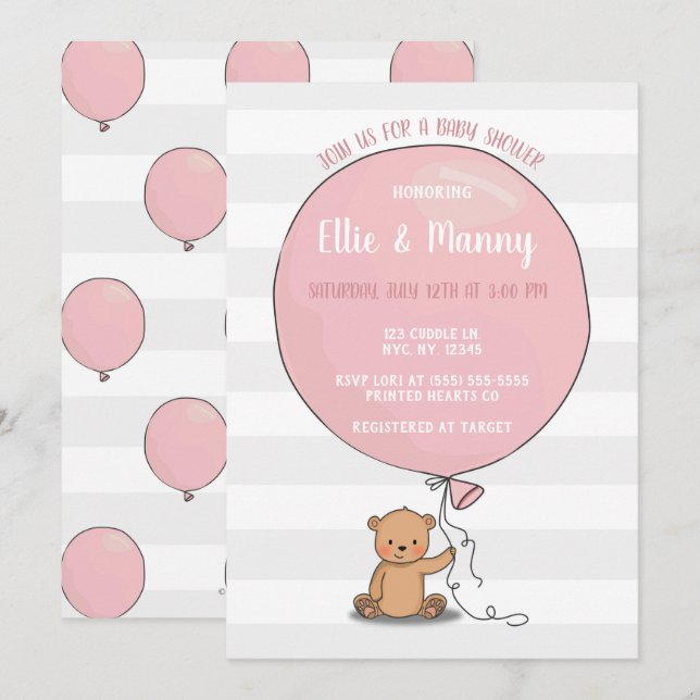 Bear with Balloon Baby Shower Invitation | Pink (Front/Back)